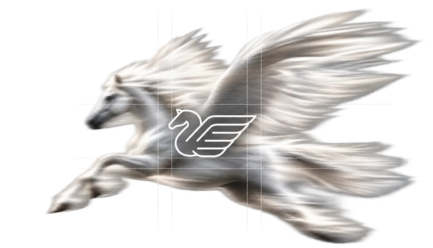 Pégaso branco em voo com o símbolo da Pegaso Ventures ao centro